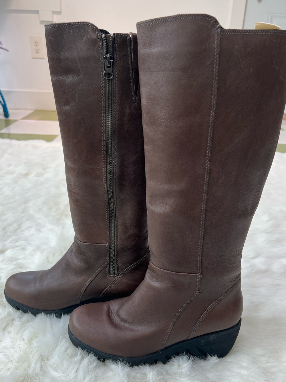 Women’s Tall Waterproof Brown Leather Riding boots Lug Sole timeless rustic